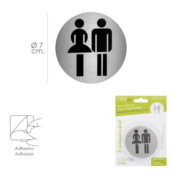 Placa Adhesiva Baño "Mujer / Hombre" Acero Inoxidable Ø 7 cm. - Imagen 2