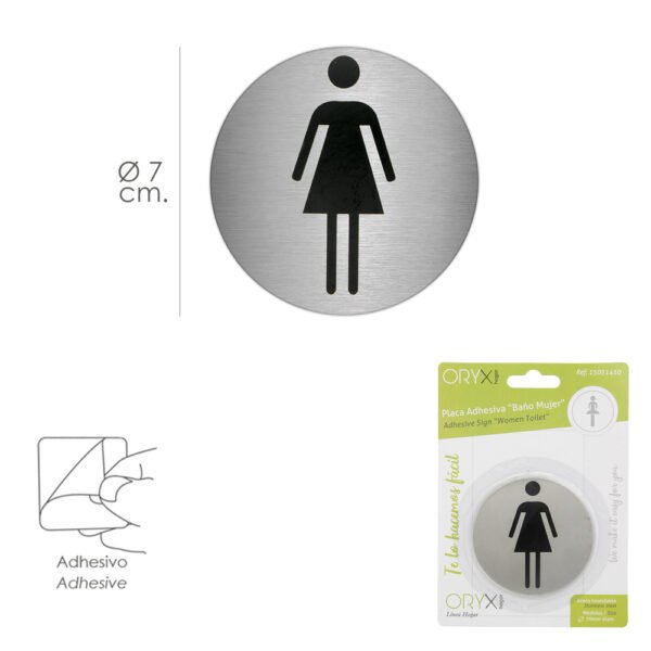 Placa Adhesiva Baño "Mujer" Acero Inoxidable Ø 7 cm. - Imagen 2