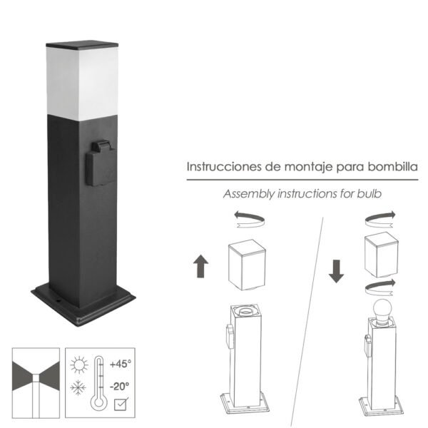 Poste Baliza Jardin Ip44 Con Enchufe Negro - Imagen 4