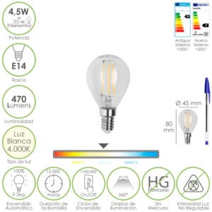 Bombilla Led Filamento Esfera Rosca E14. 4,5 Watt. Equivale A 35 Watt. 470 Lumenes. Luz Neutra 4000º K.
