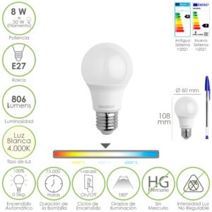 Bombilla Led Estandar Rosca E27. 8 Watt. Equivale A 65 Watt. 806 Lumenes. Luz Neutra (4000º K.)