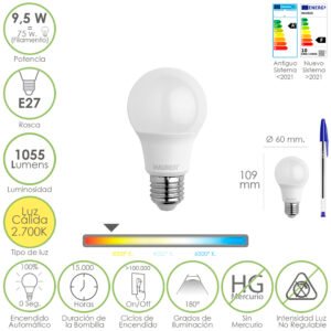 Bombilla Led Estandar Rosca E27. 9.5 Watt. Equivale A 75 Watt. 1055 Lumenes. Luz Cálida (2700º K)