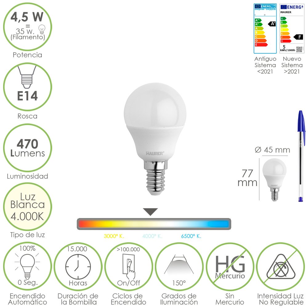 Bombilla Led Esferica Rosca E14 4.5 Watt. Equivale A 35 Watt. 470 Lumenes. Luz Neutra (4000º K)