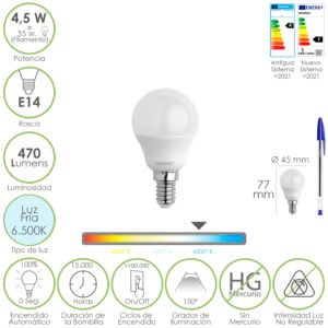 Bombilla Led Esferica Rosca E14 4.5 Watt. Equivale A 35 Watt. 470 Lumenes. Luz Fria (6500º K)
