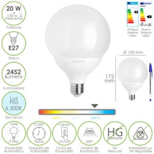 Bombilla Led Globo E27. 20 Watt. Equivale A 150 Watt. 2452 Lumenes. Luz Fria 6500º K.