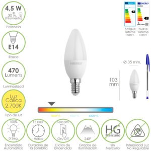 Bombilla Led Vela Rosca E14. 4,5 Watt. Equivale A 35 Watt. 470 Lumenes. Luz Cálida (2700º K)