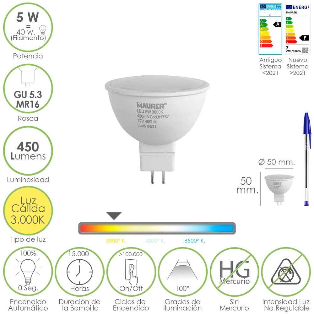 Bombilla Led Dicroica Rosca GU 5.3 / MR16. 5 Watt. Equivale A 40 Watt. 405 Lumenes. Luz Cálida (3000º K.)