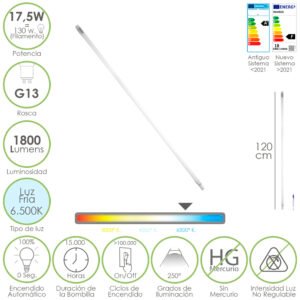 Tubo Led T8 120 cm.17,5 Watt. Equivale A 130 Watt. 1800 Lumenes. Luz Fria 6500º K.