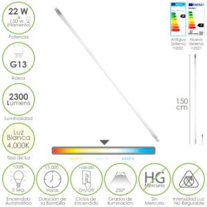 Tubo Led T8 150 cm. 22 Watt. Equivale A 150 Watt. 2300 Lumenes. Luz Neutra 4000º K.