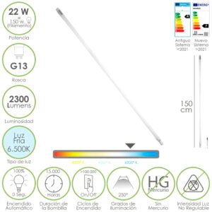 Tubo Led T8 150 cm. 22 Watt. Equivale A 150 Watt. 2300 Lumenes. Luz Fria 6500º K.