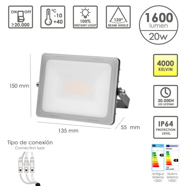 Foco Led Plano Potencia 20 Watt. 1600 Lumenes. Luz blanca 4000ºK Protección IP65. Cuerpo Aluminio. Foco Exteriores / Interiores - Imagen 2