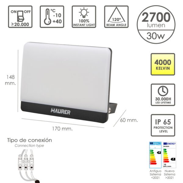 Foco Led Plano Potencia 30 Watt. 2700 Lumenes. Luz blanca 4000ºK Protección IP65. Cuerpo Aluminio. Foco Exteriores / Interiores - Imagen 2