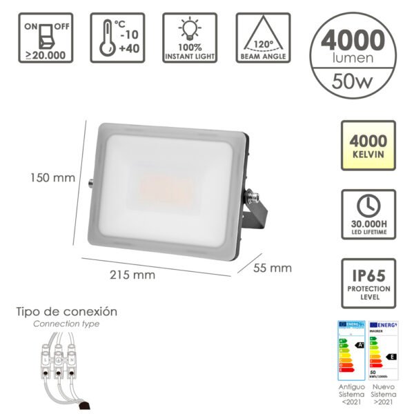 Foco Led Plano Potencia 50 Watt. 4000 Lumenes. Luz blanca 4000ºK Protección IP65. Cuerpo Aluminio. Foco Exteriores / Interiores. - Imagen 2
