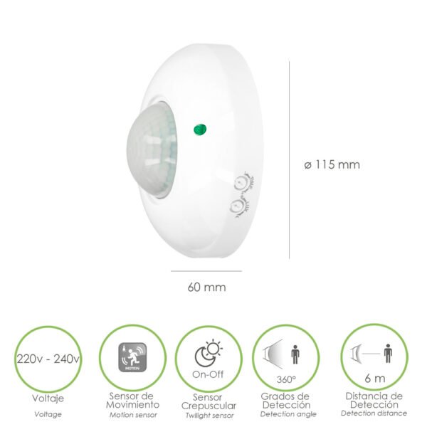 Detector De Movimiento Por Infrarrojos Con Sensor Crepuscular 360°. Ajustable - Imagen 2
