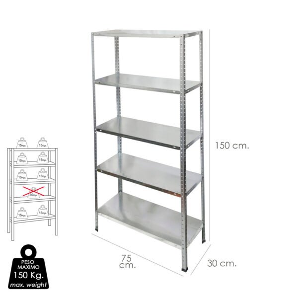 Estanteria Acero Galvanizado con 5 Baldas 150x75x30 cm. Baldas ajustables. Peso maximo 150 Kg. - Imagen 2