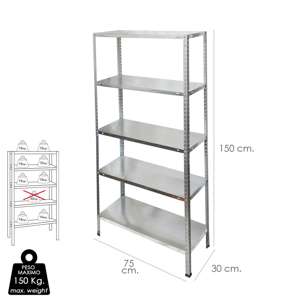 Estanteria Acero Galvanizado con 5 Baldas 150x75x30 cm. Baldas ajustables. Peso maximo 150 Kg. - Imagen 2
