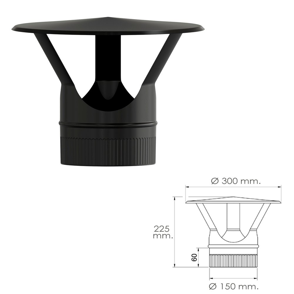 Sombrero Estufa Vitrificado Negro Ø 150 mm. Sombrero Tubo Chimenea, Sombrero Tubo Humo, Sombrero Tubo Calefacción, Sombrero Humo - Imagen 2