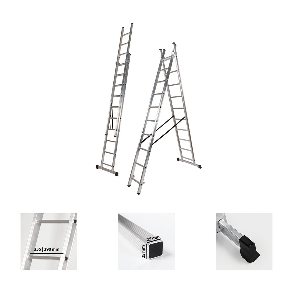 Escalera Aluminio 2 Tramos 7+7 Peldaños. Plegable, Antideslizante, Resistente - Imagen 2